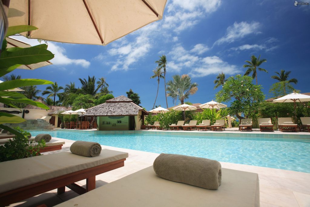 Entspannung pur: Genieße einen Blick auf den Pool mit tropischen Palmen im Hintergrund. Erfahre mehr über Ausbildungsmöglichkeiten im Tourismus und starte deine Karriere in einem der spannendsten Branchen weltweit.